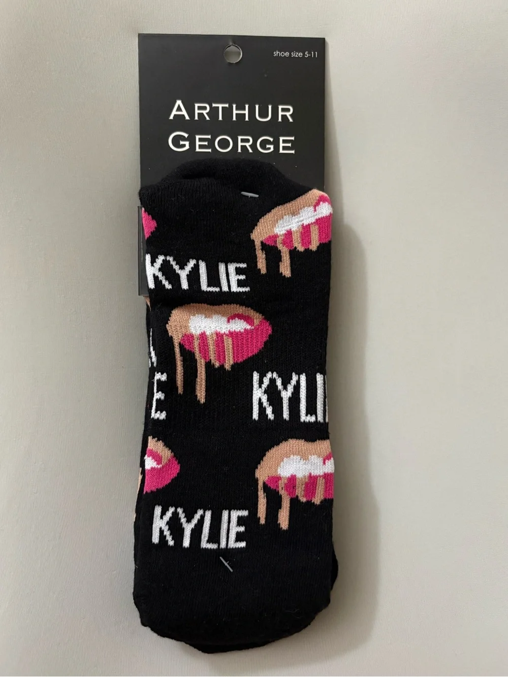Arthur George Black No-Show Socks with Pink & Tan Dripping Lip Design
